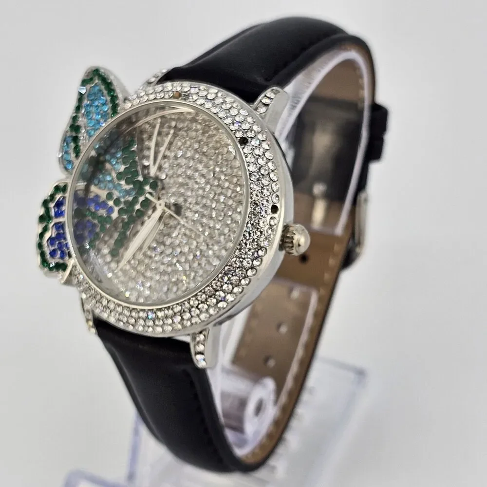 Off Park‎ Women's Watch Crystal Bling Butterfly New Black Leather Bands Battery
